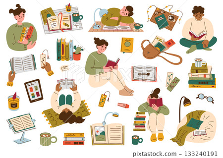 Vector illustration set with cozy reading moments and book accessories. Flat cartoon people with books in various poses, bookmarks, study scenes, stacks, cozy nooks for warm self care collection 133240191