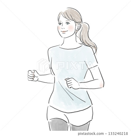 A young woman with a ponytail jogging with a smile A young woman with a ponytail jogging with a smile 133240218
