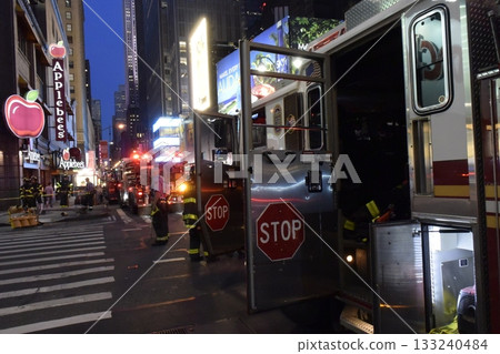 New York: Fire scene and fire engines at night in Manhattan 133240484