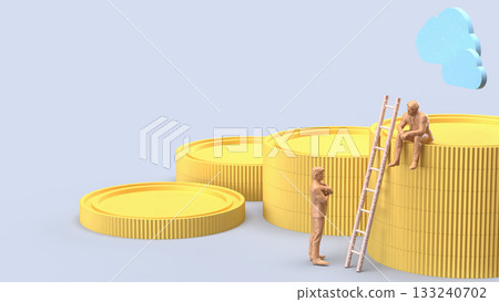 The Miniature People with Ladder and Stacked Coins 3d rendering. The Miniature People with Ladder and Stacked Coins 3d rendering. 133240702