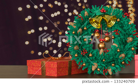 Christmas Wreath and Gift Boxes with Holiday Lights 3d render. 133240709
