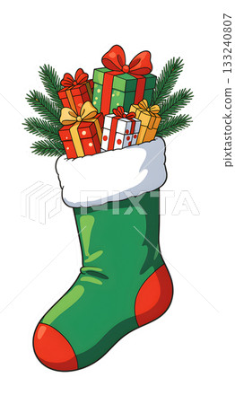 Illustration of a sock containing a Christmas gift. Boots icon material. 133240807