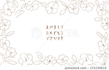 New Year's illustration. A line drawing of a camellia that can also be used for New Year's cards. Japanese-style camellia and plant illustration. Camellia New Year's background. New Year's illustration. A line drawing of a camellia that can also be used for New Year's cards. Japanese-style camellia and plant illustration. Camellia New Year's background. 133240818