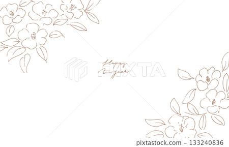 New Year's illustration. A line drawing of a camellia that can also be used for New Year's cards. Japanese-style camellia and plant illustration. Camellia New Year's background. New Year's illustration. A line drawing of a camellia that can also be used for New Year's cards. Japanese-style camellia and plant illustration. Camellia New Year's background. 133240836