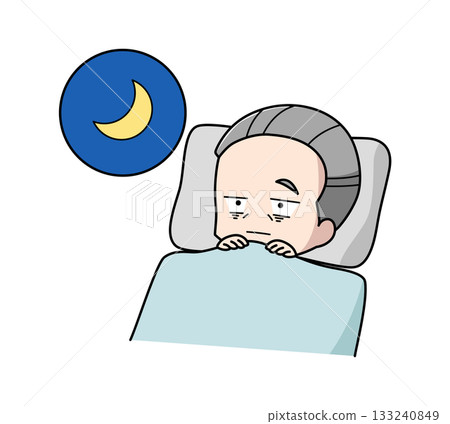 Illustration of an elderly man who can't sleep because he's awake Illustration of an elderly man who can't sleep because he's awake 133240849