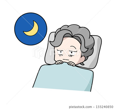 Illustration of an elderly woman who can't sleep because her eyes are awake Illustration of an elderly woman who can't sleep because her eyes are awake 133240850
