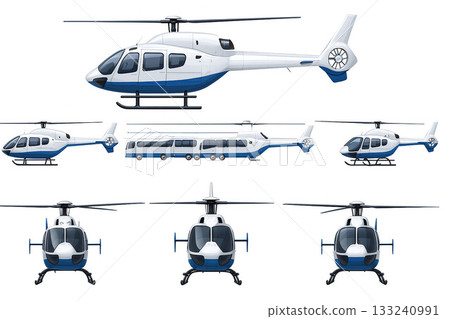 "Helicopter vector illustration set (front, side, 3D, formation) / Realistic style with white background and blue accents" 133240991