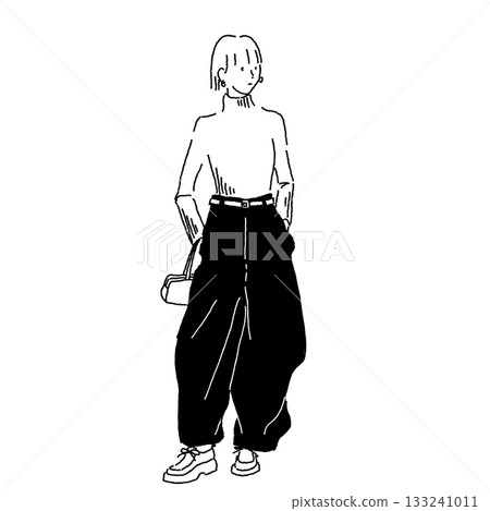 Monochrome line fashion illustration of a woman wearing wide pants Monochrome line fashion illustration of a woman wearing wide pants 133241011