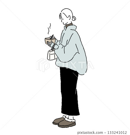 時尚插畫：一位女士在冬季街頭吃小吃（彩色） 133241012