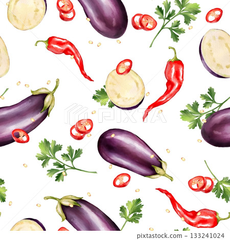 Seamless pattern featuring whole eggplants, eggplant slices, red chili peppers, and fresh parsley on white background. Design for packaging food products, restaurant branding, or spicy sauce labels. Seamless pattern featuring whole eggplants, eggplant slices, red chili peppers, and fresh parsley on white background. Design for packaging food products, restaurant branding, or spicy sauce labels. 133241024