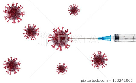 生成式人工智慧影像顯示，病毒和注射器疫苗漂浮在白色背景上。 133241065