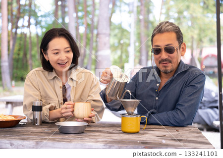 Senior cups for enjoying coffee at a campsite in Yamanashi and Yatsugatake 133241101