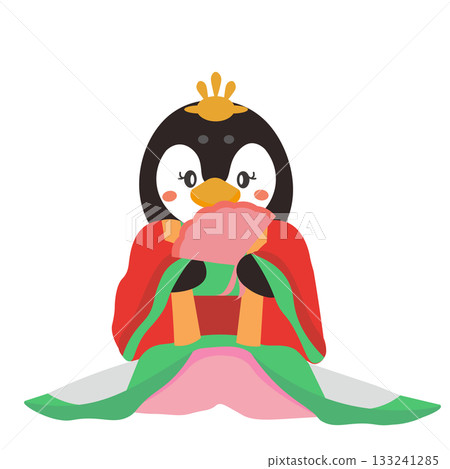 Illustration of a penguin standing in the guise of a female Hina doll 133241285
