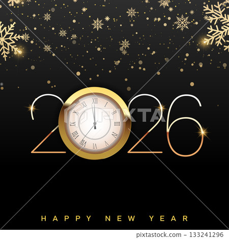 Elegant New Year 2026 clock, glitter, and snowflakes. Vector 133241296