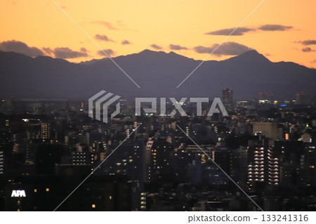 Shinjuku at dusk. The mountains to the west and the cityscape below seen from a high-rise building. 133241316