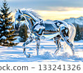 A transparent horse made of crystal running across the snowy fields 133241326