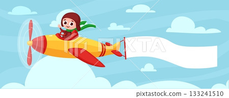 Kid pilot with banner. Boy flying on airplane in sky wearing retro uniform. Children adventures concept, ad in air. Traveller nowaday vector background Kid pilot with banner. Boy flying on airplane in sky wearing retro uniform. Children adventures concept, ad in air. Traveller nowaday vector background 133241510