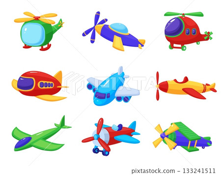 Cartoon toy planes. Plastic airplanes and helicopters, children flying toys with propellers. Various air transport with wings, nowaday vector clipart 133241511