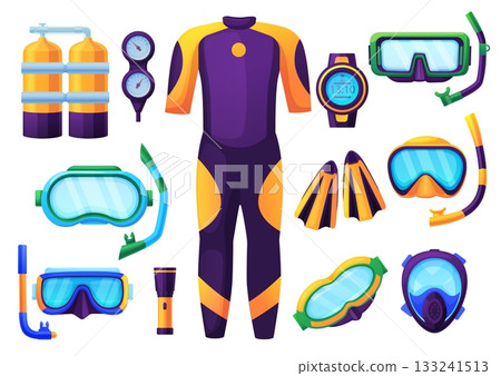 Snorkeling equipment. Cartoon diving equipment, masks with tubes, oxygen balloons, watch and wetsuit. Isolated pressure gauge and flippers, nowaday vector set 133241513