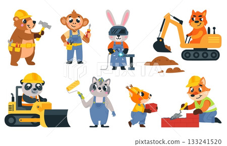 Cartoon animal builders. Animals in uniforms and helmets work at construction site. Welder and bricklayer, painter, carpenter and general laborer classy vector set Cartoon animal builders. Animals in uniforms and helmets work at construction site. Welder and bricklayer, painter, carpenter and general laborer classy vector set 133241520