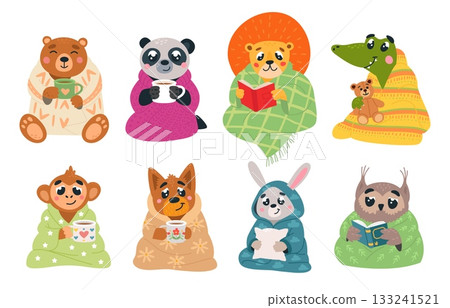 Cartoon animals in blankets. Funny animal covering in warm cozy blanket. Bear monkey panda drink hot drinks, owl and lion reading, classy vector characters Cartoon animals in blankets. Funny animal covering in warm cozy blanket. Bear monkey panda drink hot drinks, owl and lion reading, classy vector characters 133241521