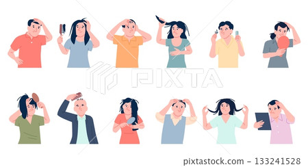 Hair problems characters. Alopecia, hair loss and baldness, oil root and split ends. Male female puzzled, with combs, examine their heads, recent vector set 133241528