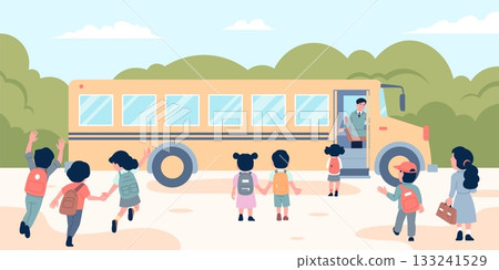 Children go to school bus. Boys girls running to yellow transport, social transportation on study. Little students with backpacks back view, recent vector scene Children go to school bus. Boys girls running to yellow transport, social transportation on study. Little students with backpacks back view, recent vector scene 133241529