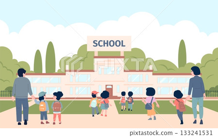 Children go to school. Kids with backpack and adults back view. Students walking on learning, education concept with building, recent vector scene Children go to school. Kids with backpack and adults back view. Students walking on learning, education concept with building, recent vector scene 133241531