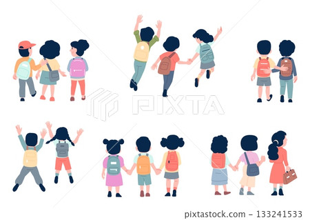 Kids with backpacks. Children friends back view, girls boys holding hands and walking to school or home. Happy characters, recent vector set 133241533