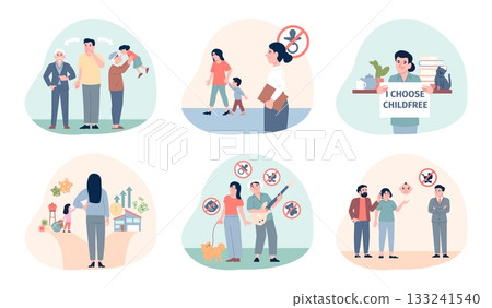 Childfree people. Choice to be child free human. Couple and single characters choose career, freedom, financial and work success, social recent vector scenes 133241540