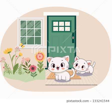 Funny kittens are playing near the house in the yard. Funny kittens are playing near the house in the yard. 133241544