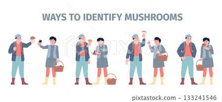 Mushroom identification. Poisonous and edible mushroom, couple fungus hunters. Identify fungi with smartphone, book, licking and looking, recent vector scene 133241546
