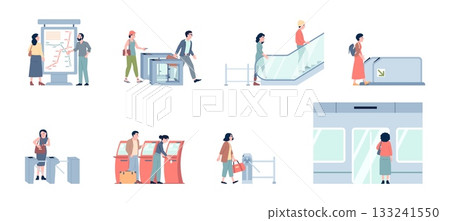 People in subway. Turnstile entrance and automated control system, bying tickets, looking on map. Male female travel with train, recent vector scenes People in subway. Turnstile entrance and automated control system, bying tickets, looking on map. Male female travel with train, recent vector scenes 133241550