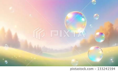 柔和的粉彩天空，漂浮著氣泡和光粒子，綠色的山丘，一幅奇妙而寧靜的風景畫。 133241594