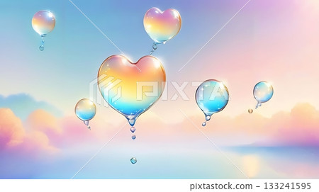 柔和的粉紅彩天空，漂浮著心形和球形的氣泡、雲朵，以及一幅擁有廣闊水面的奇幻風景畫。 133241595