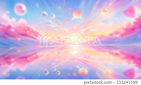 柔和的粉彩色天空和水面，漂浮著心形和球形氣泡，構成夢幻浪漫的風景插畫素材。 133241599