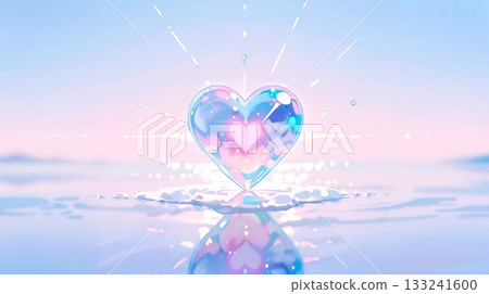 柔和的粉彩色天空，漂浮著一顆晶瑩剔透的心，倒映在水中，構成了一幅夢幻浪漫的風景畫。 133241600