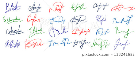 Hand drawn fake signature templates. Forged autograph in various styles Hand drawn fake signature templates. Forged autograph in various styles 133241682