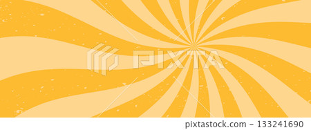 Groovy swirl starburst background. Retro spiral rays. Vintage abstract pattern with grunge texture. Funky wave bg. 133241690