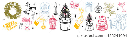 Whimsical Christmas doodle set. Hand drawn vintage holiday icons. Wreath, snow globe, candle, cozy chair, Christmas tree in sketch doodle style. 133241694