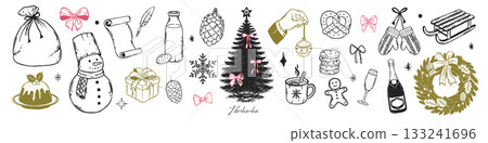 Whimsical Christmas vintage sketch set. Hand drawn holiday tree, cookies, gingerbread, snowflakes, snowman, champagne and bows in doodle style. Whimsical Christmas vintage sketch set. Hand drawn holiday tree, cookies, gingerbread, snowflakes, snowman, champagne and bows in doodle style. 133241696