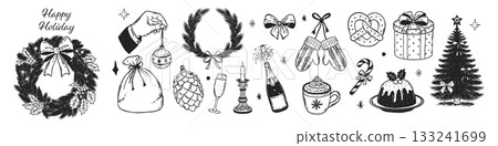 Whimsical holiday sketch set. Hand drawn Christmas wreaths, tree, mittens, gift box, champagne, candles, bells and festive bows for vintage winter celebration and cozy New Year invitations. 133241699