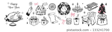 Whimsical Christmas and New Year sketch set. Hand drawn holiday elements. Turkey, house, cookies, tree, presents, wreath, bows in doodle style. 133241700