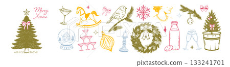 Whimsical Christmas festive sketch set. Hand drawn holiday icons. Tree, cocktail, snow globe, chandelier, bird, wreath, bows and winter decor for vintage celebration and cozy invitations. 133241701
