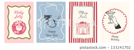 Set of hand drawn Merry Christmas and New Year cards in whimsical vintage style. Retro sketch posters with holiday wreath, elegant lady, cozy fireplace and festive toast. 133241702