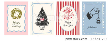 Hand drawn whimsical Christmas and New Year cards. Ink sketch posters with wreath, holiday tree, bells. Retro coquette style. 133241705