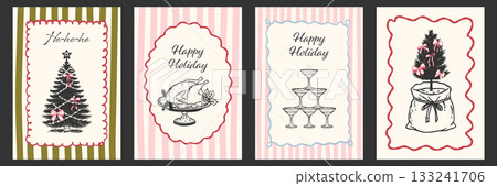 Hand drawn ink sketch Christmas cards in trendy coquette style. Set of holiday posters with playful tree with bows, holiday turkey, champagne pyramid and whimsical tree. 133241706