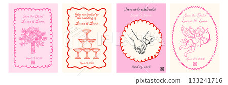 Whimsical wedding invitation card set in romantic sketch style. Hand drawn bouquet, champagne glasses tower, holding hands and playful cupid. Whimsical wedding invitation card set in romantic sketch style. Hand drawn bouquet, champagne glasses tower, holding hands and playful cupid. 133241716