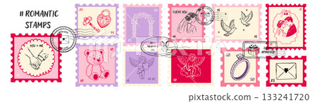 Romantic Valentine stamp set in whimsical sketch style. Hand drawn labels with couples, key and heart lock, doves, cupids, ring and love letter. Romantic Valentine stamp set in whimsical sketch style. Hand drawn labels with couples, key and heart lock, doves, cupids, ring and love letter. 133241720