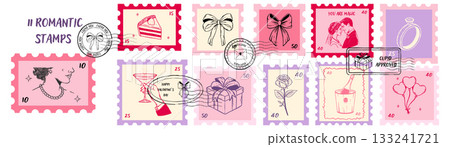 Set of whimsical Valentine postage stamps in sketch style. Hand drawn romantic lady, cake, bows, couple, ring, rose, gift box, champagne. Set of whimsical Valentine postage stamps in sketch style. Hand drawn romantic lady, cake, bows, couple, ring, rose, gift box, champagne. 133241721